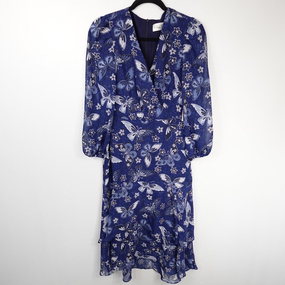 Eliza J Floral Long Sleeve Faux Wrap Midi Dress Blue Butterfly Floral New Size 4 - Picture 4 of 11